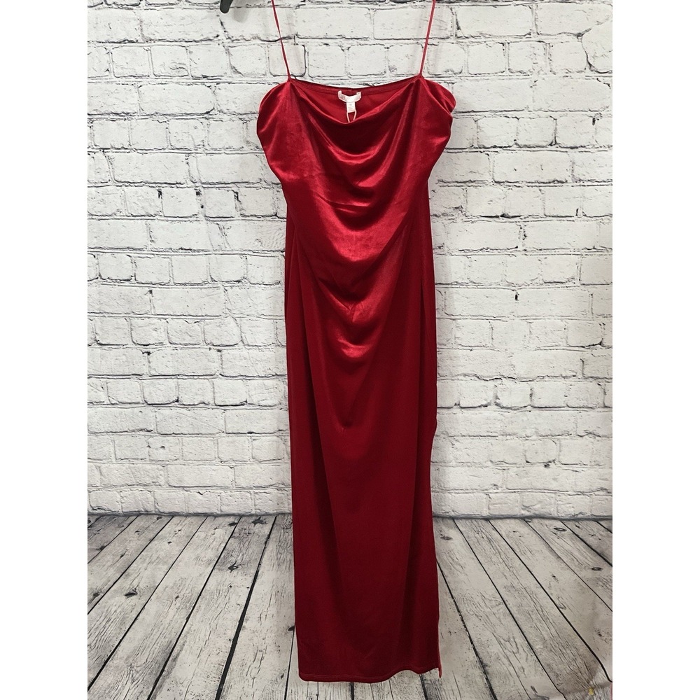 GB Gianni Bini Size M Red Gown Corset Cowl Neck Lace-Up Back Slit Hem Satin Long
